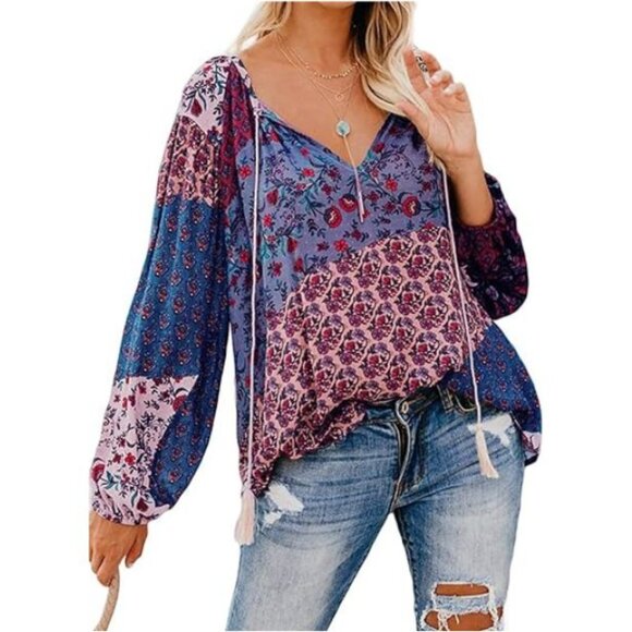 Faith1925 Tops - Women V Neck Long Sleeve Floral Print Chiffon Blouse Size XL